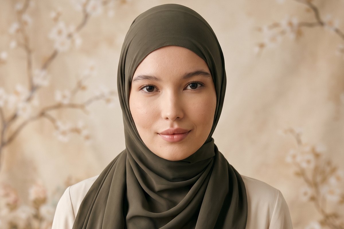 Kına yeşili kendinden hijablı model şifon şal takmış kadın