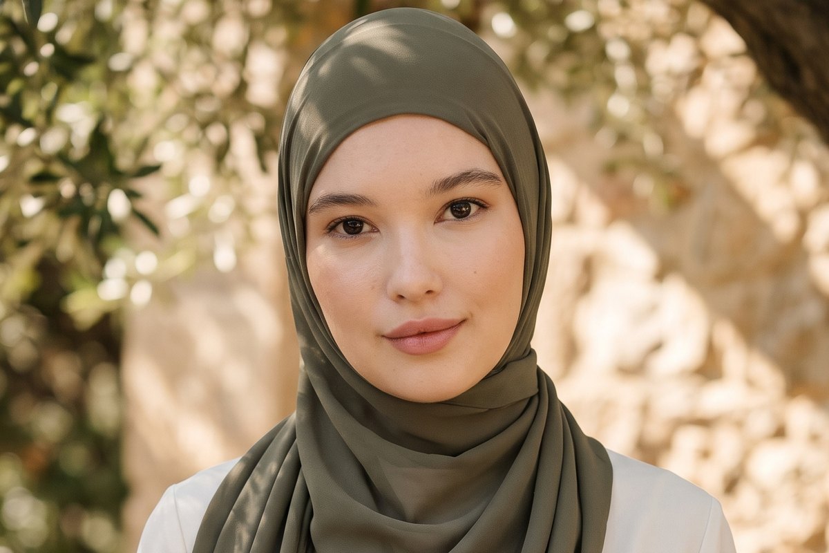 Kına yeşili hijablı şifon şal, zeytin ağaçları arasında dış mekân çekimi