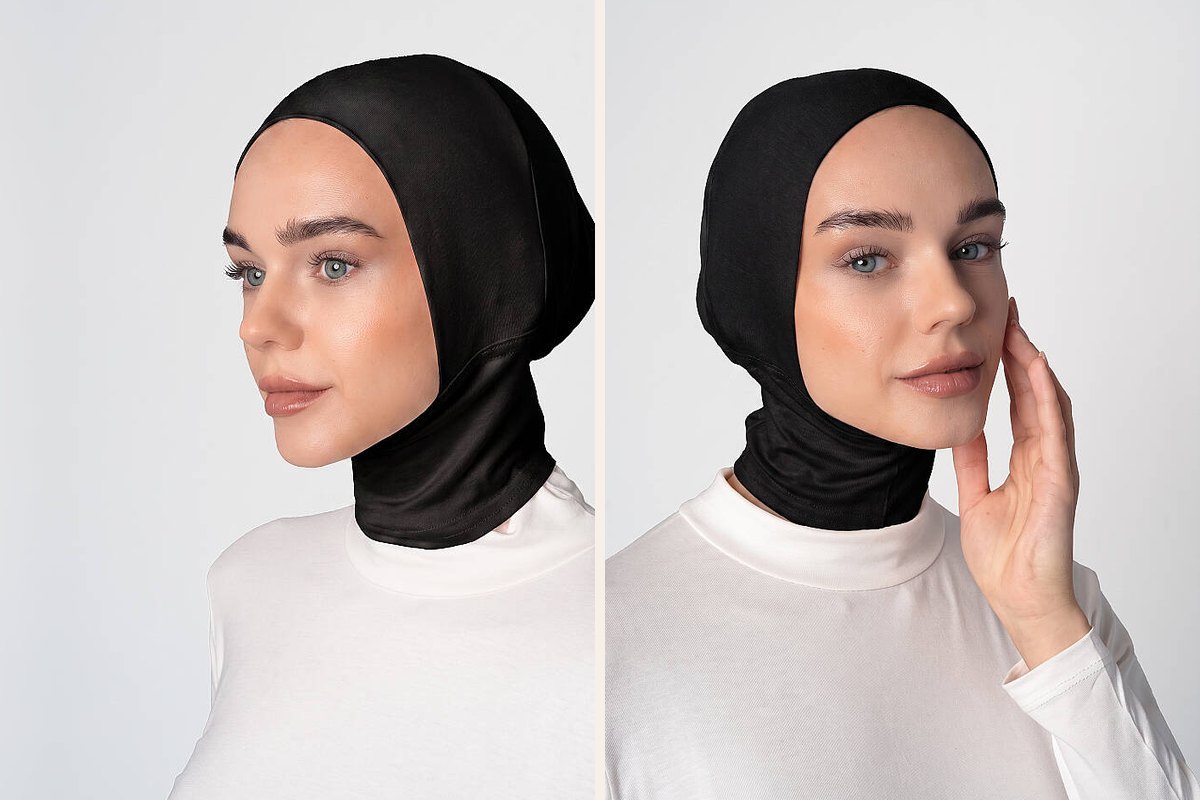 Siyah yarım boyunluklu hazır bone, önden ve yandan görünüm