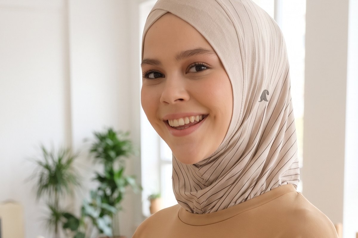 Açık vizon çizgili çapraz spor bone takmış gülümseyen kadın
