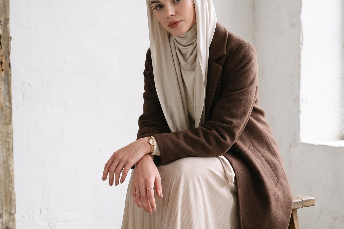 Açık bej kapşonlu viskon hijab set giymiş oturan kadın, aydınlık oda