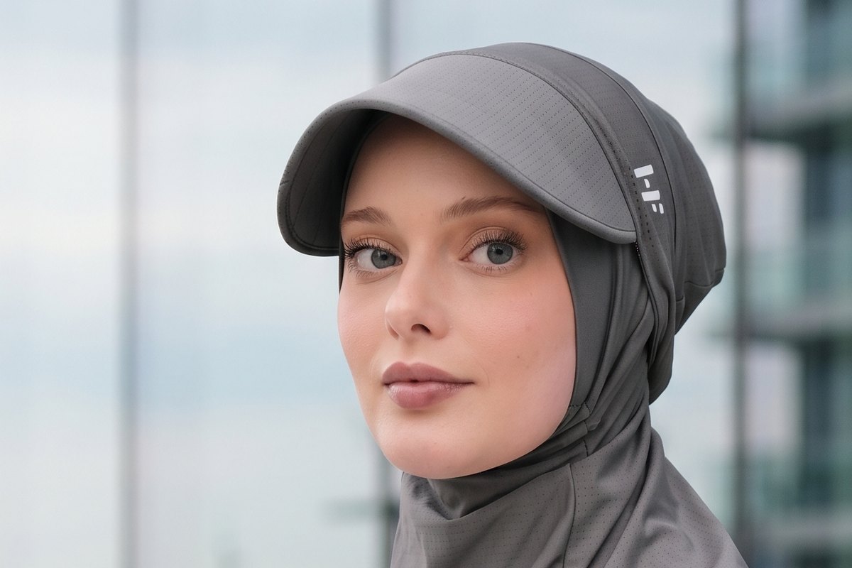 Gri outdoor gözenekli mikro şapkalı bone set takmış kadın, dış mekân