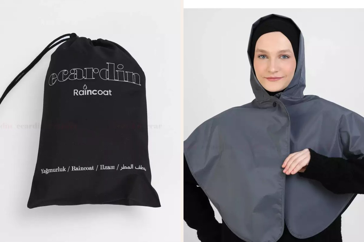 Ecardin raincoat saklama çantası ve gri kapüşonlu yağmurluk